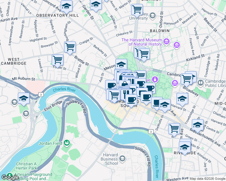 map of restaurants, bars, coffee shops, grocery stores, and more near 1 Mifflin Place in Cambridge