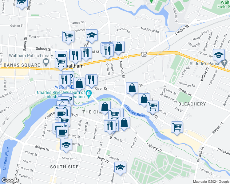 map of restaurants, bars, coffee shops, grocery stores, and more near 354 River Street in Waltham