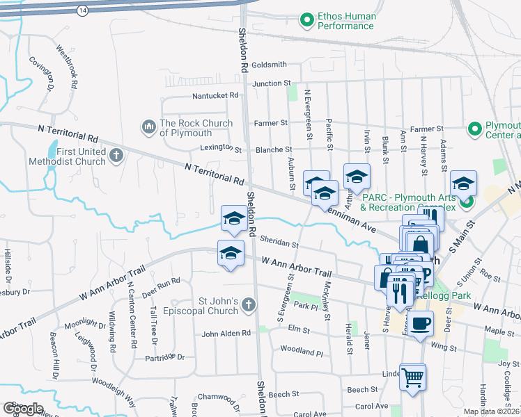 map of restaurants, bars, coffee shops, grocery stores, and more near 200 Sheldon Road in Plymouth