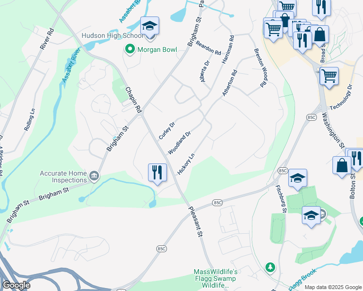 map of restaurants, bars, coffee shops, grocery stores, and more near 7 Woodland Drive in Hudson