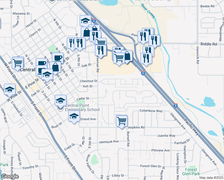map of restaurants, bars, coffee shops, grocery stores, and more near 640 Shadow Way in Central Point