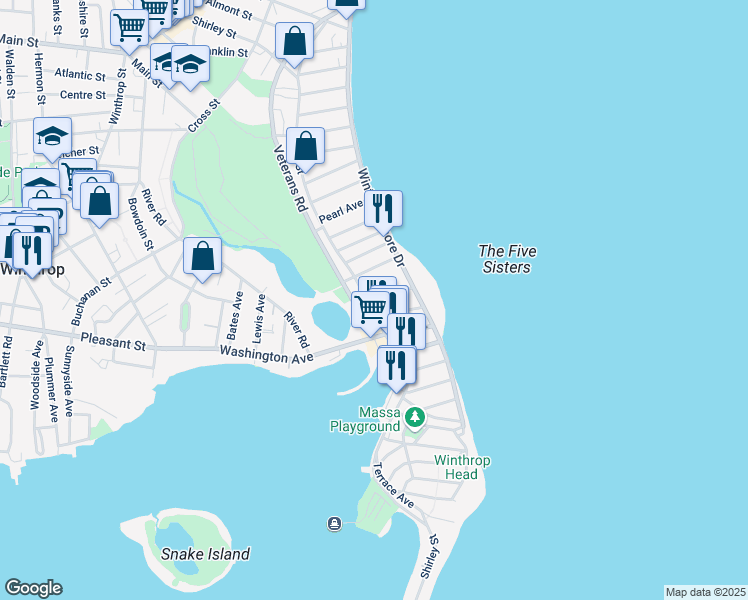 map of restaurants, bars, coffee shops, grocery stores, and more near 18 Irwin Street in Winthrop