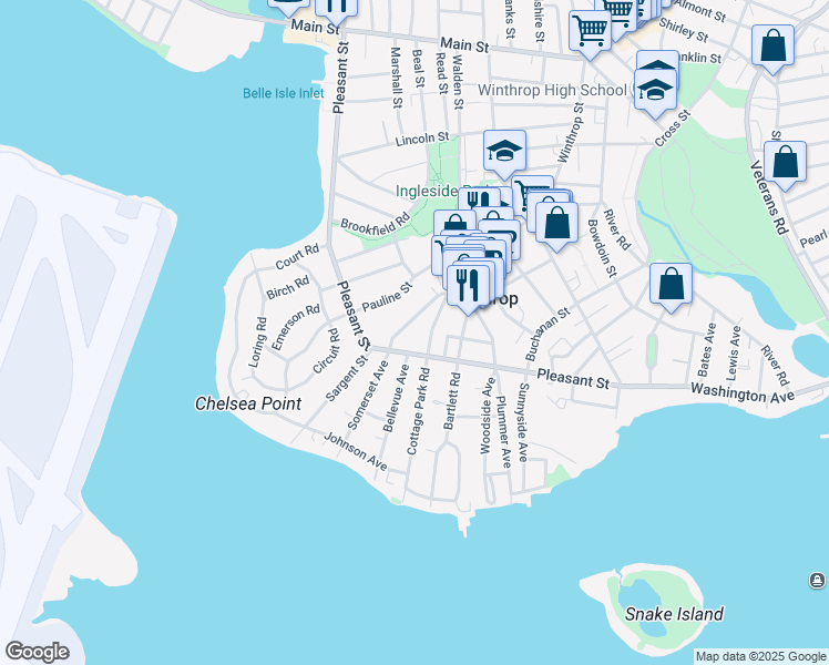 map of restaurants, bars, coffee shops, grocery stores, and more near 225 Pleasant Street in Winthrop