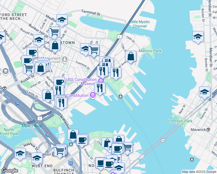 map of restaurants, bars, coffee shops, grocery stores, and more near in Boston