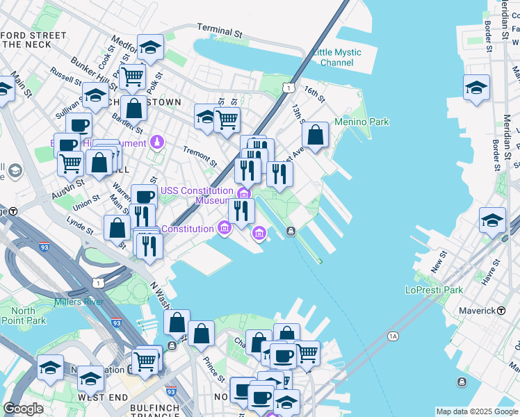 map of restaurants, bars, coffee shops, grocery stores, and more near in Boston