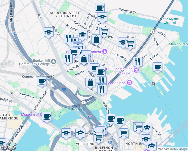 map of restaurants, bars, coffee shops, grocery stores, and more near 67 Main Street in Boston