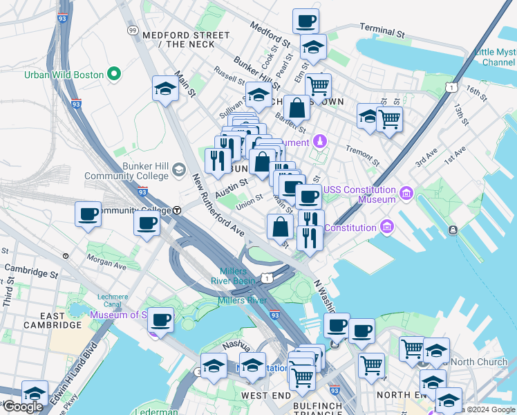 map of restaurants, bars, coffee shops, grocery stores, and more near 18 Devens Street in Boston