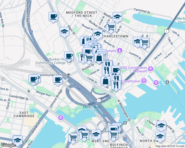 map of restaurants, bars, coffee shops, grocery stores, and more near 57 North Washington Street in Boston
