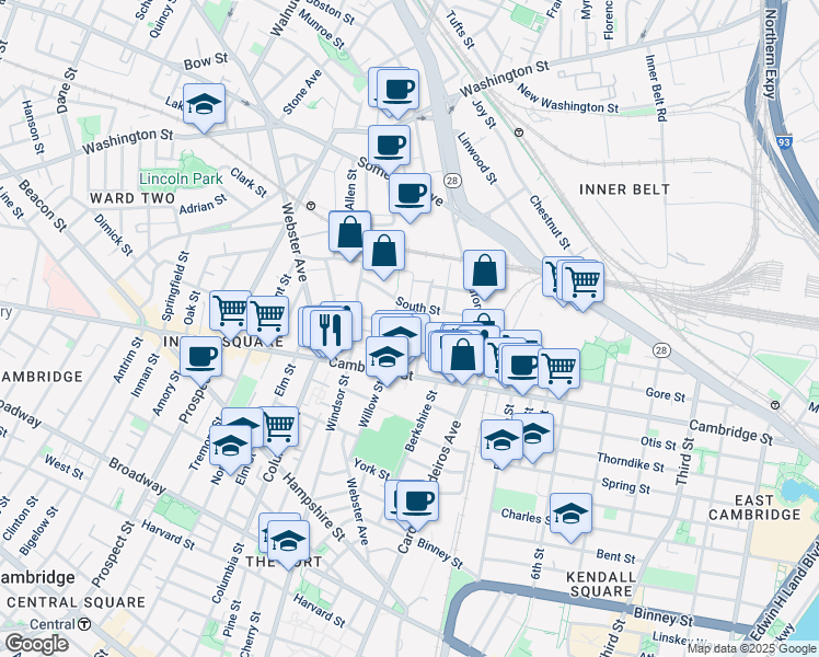 map of restaurants, bars, coffee shops, grocery stores, and more near 21 Hunting Street in Cambridge