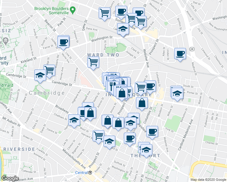map of restaurants, bars, coffee shops, grocery stores, and more near 1334 Cambridge Street in Cambridge