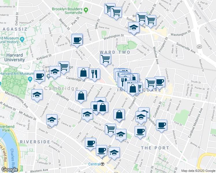 map of restaurants, bars, coffee shops, grocery stores, and more near in Cambridge