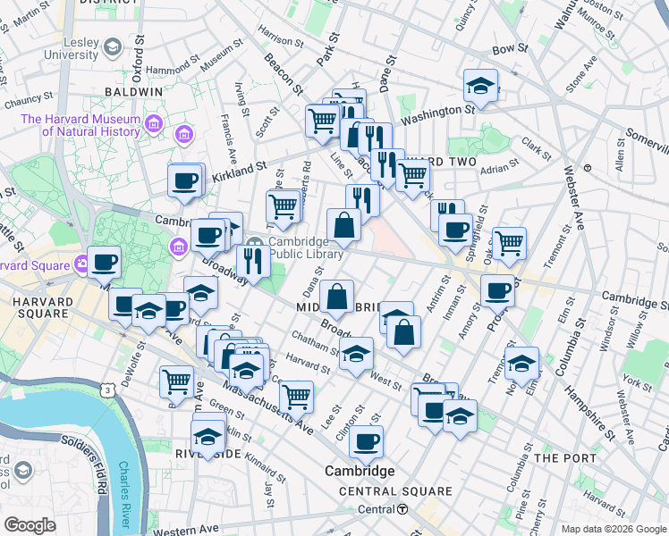map of restaurants, bars, coffee shops, grocery stores, and more near 66 Dana Street in Cambridge