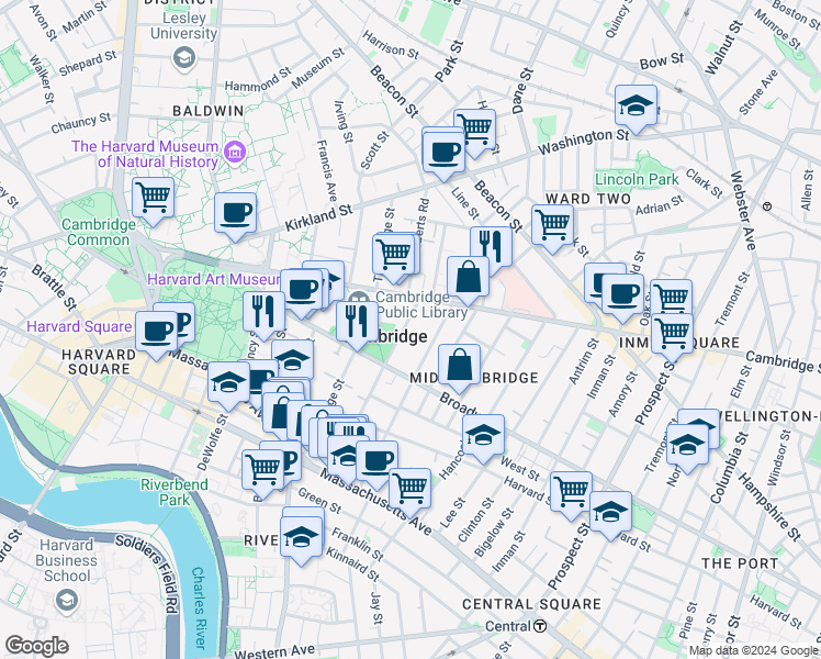 map of restaurants, bars, coffee shops, grocery stores, and more near in Cambridge