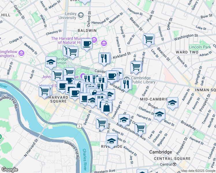 map of restaurants, bars, coffee shops, grocery stores, and more near 20 Prescott Street in Cambridge