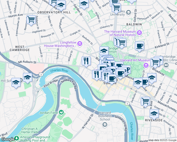 map of restaurants, bars, coffee shops, grocery stores, and more near 10 Brewer Street in Cambridge