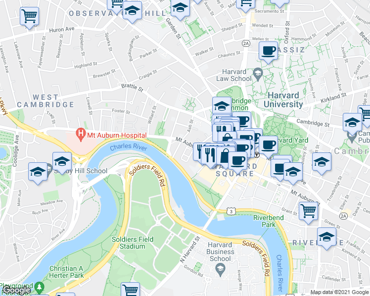 map of restaurants, bars, coffee shops, grocery stores, and more near 10 Brewer Street in Cambridge