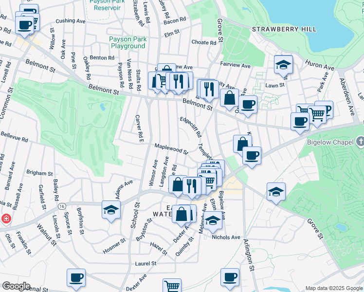map of restaurants, bars, coffee shops, grocery stores, and more near 73 Hillside Road in Watertown