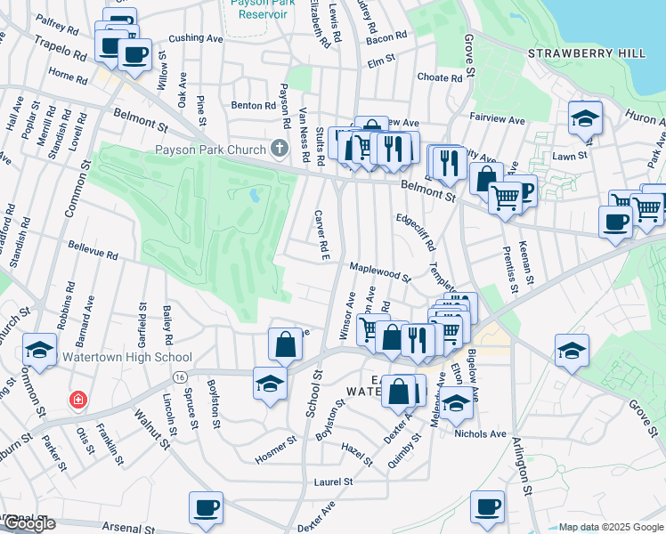 map of restaurants, bars, coffee shops, grocery stores, and more near 320 School Street in Watertown
