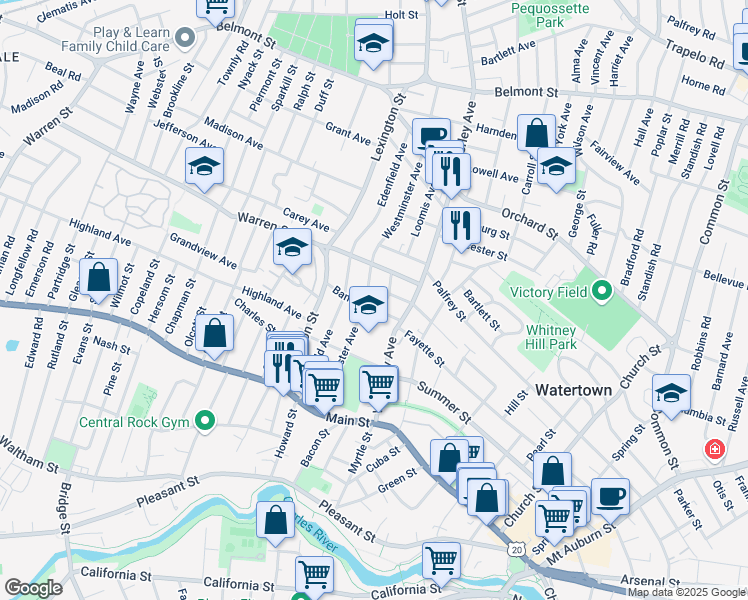 map of restaurants, bars, coffee shops, grocery stores, and more near 26 Bancroft Street in Watertown