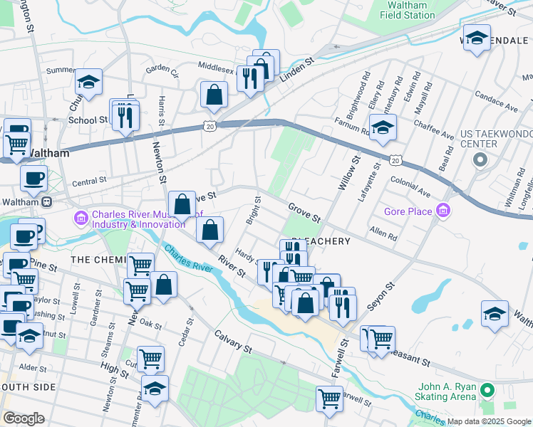 map of restaurants, bars, coffee shops, grocery stores, and more near 81 Bennett Street in Waltham