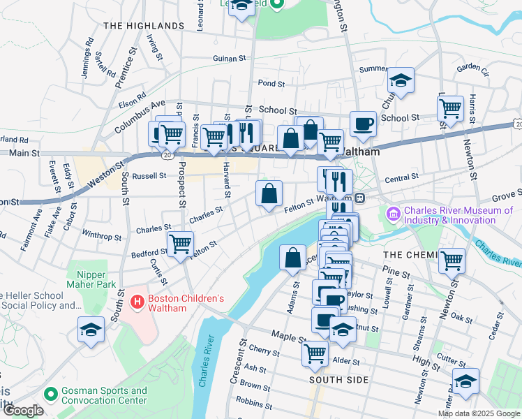 map of restaurants, bars, coffee shops, grocery stores, and more near 98 Felton Street in Waltham