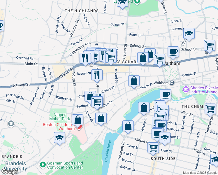 map of restaurants, bars, coffee shops, grocery stores, and more near 199 Charles Street in Waltham