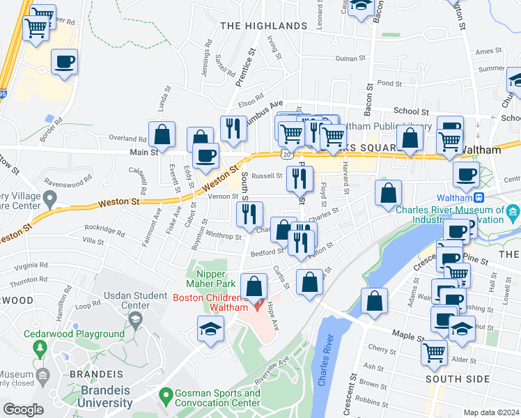 map of restaurants, bars, coffee shops, grocery stores, and more near 5 Charles Street Avenue in Waltham