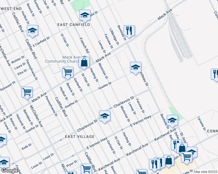 map of restaurants, bars, coffee shops, grocery stores, and more near 3048 Harding Street in Detroit