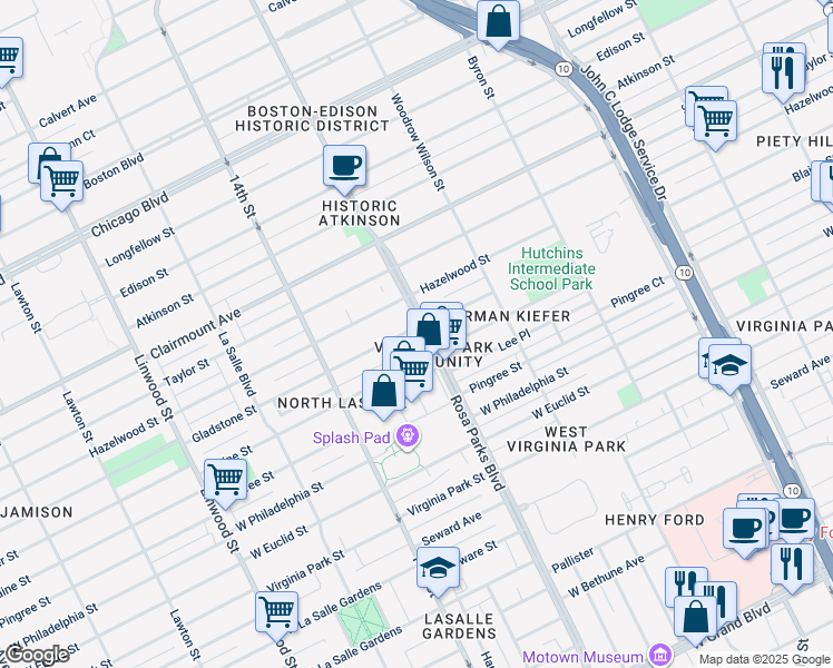 map of restaurants, bars, coffee shops, grocery stores, and more near 1941 Gladstone Street in Detroit