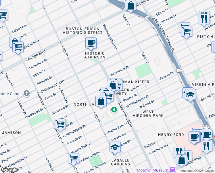 map of restaurants, bars, coffee shops, grocery stores, and more near 1941 Gladstone Street in Detroit