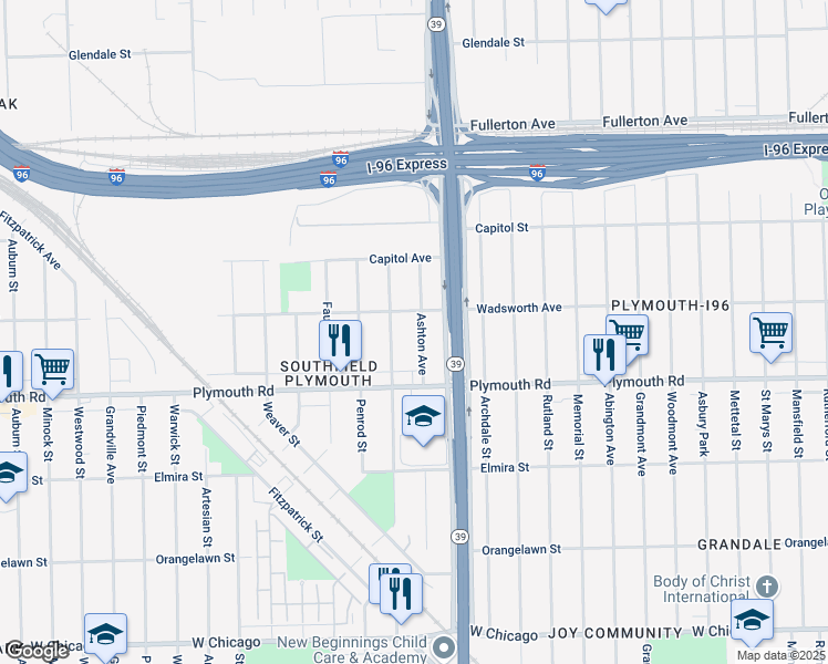 map of restaurants, bars, coffee shops, grocery stores, and more near 11681 Ashton Avenue in Detroit