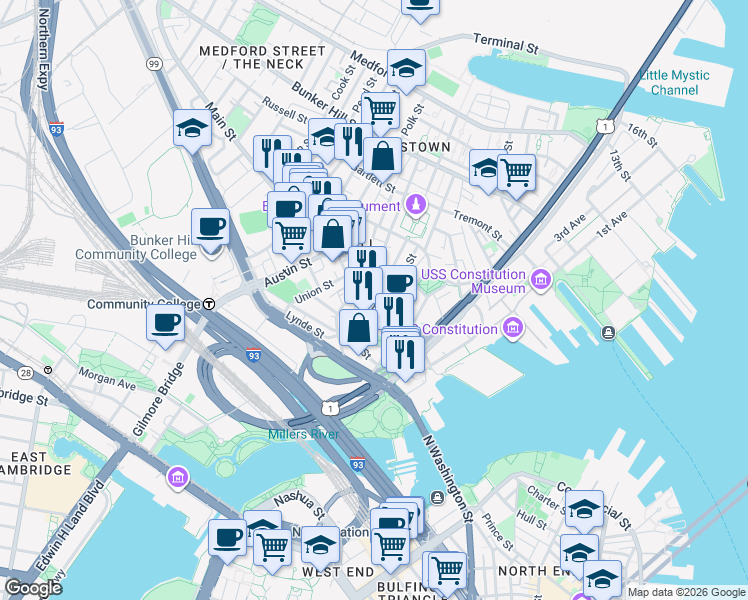 map of restaurants, bars, coffee shops, grocery stores, and more near 67 Main Street in Boston
