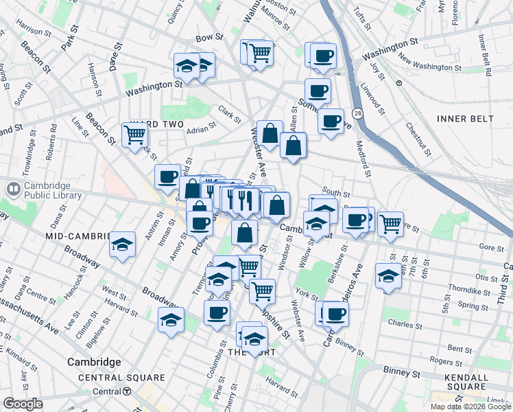 map of restaurants, bars, coffee shops, grocery stores, and more near in Cambridge