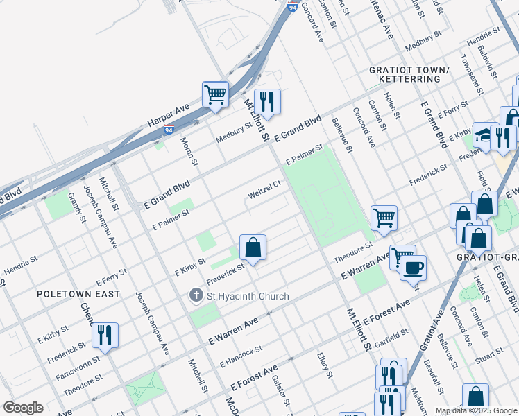 map of restaurants, bars, coffee shops, grocery stores, and more near 3626 East Ferry Street in Detroit