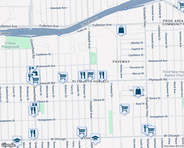map of restaurants, bars, coffee shops, grocery stores, and more near 11660 Hubbell Avenue in Detroit