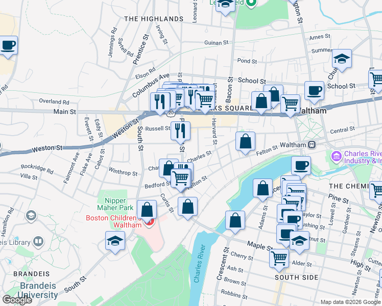 map of restaurants, bars, coffee shops, grocery stores, and more near 41 Floyd Street in Waltham