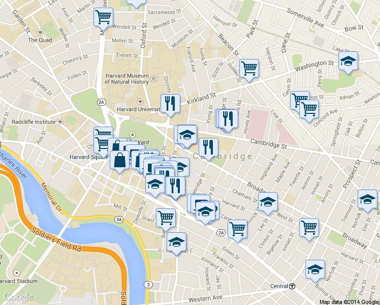map of restaurants, bars, coffee shops, grocery stores, and more near Broadway in Cambridge