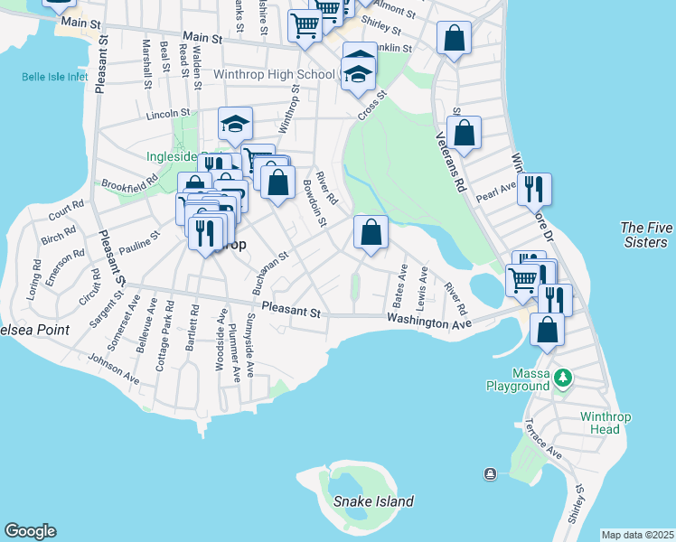 map of restaurants, bars, coffee shops, grocery stores, and more near 36 North Avenue in Winthrop