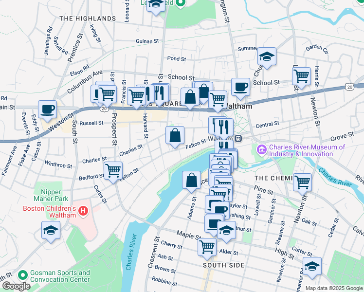 map of restaurants, bars, coffee shops, grocery stores, and more near 98 Felton Street in Waltham