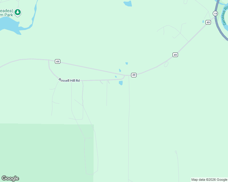 map of restaurants, bars, coffee shops, grocery stores, and more near 7629 Russell Hill Road in Caneadea