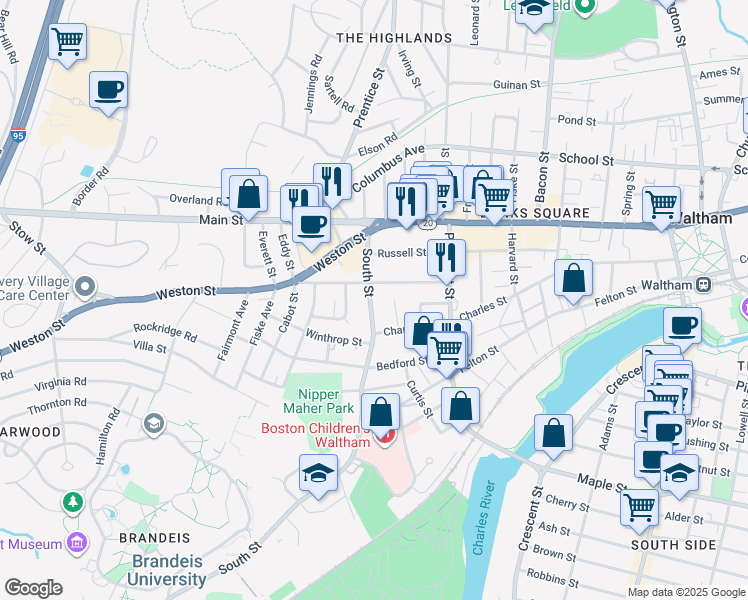 map of restaurants, bars, coffee shops, grocery stores, and more near in Waltham
