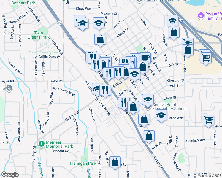 map of restaurants, bars, coffee shops, grocery stores, and more near Hwy 99 & W Pine St in Central Point