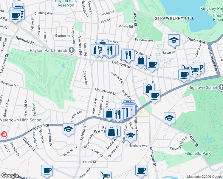 map of restaurants, bars, coffee shops, grocery stores, and more near 73 Hillside Road in Watertown