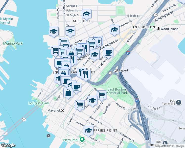 map of restaurants, bars, coffee shops, grocery stores, and more near 159 Chelsea Street in Boston