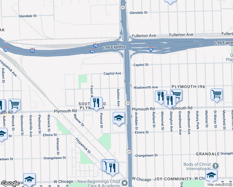 map of restaurants, bars, coffee shops, grocery stores, and more near 11681 Ashton Avenue in Detroit