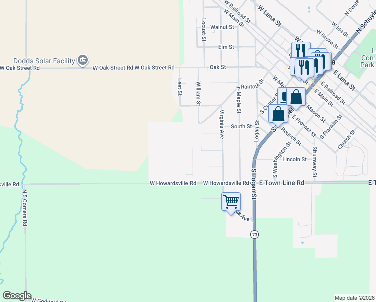 map of restaurants, bars, coffee shops, grocery stores, and more near 722 Meadow Ridge Lane in Lena