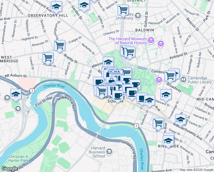 map of restaurants, bars, coffee shops, grocery stores, and more near 1 Mifflin Place in Cambridge