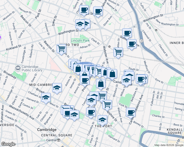 map of restaurants, bars, coffee shops, grocery stores, and more near Prospect St & Clary St in Cambridge