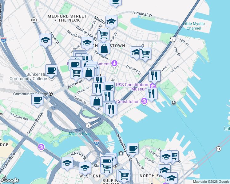 map of restaurants, bars, coffee shops, grocery stores, and more near 39-49 Warren Street in Boston