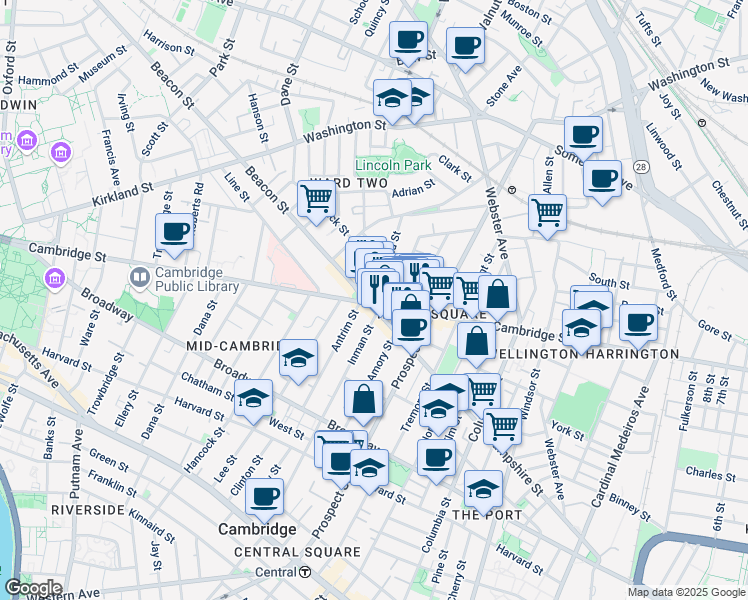 map of restaurants, bars, coffee shops, grocery stores, and more near 1334 Cambridge Street in Cambridge
